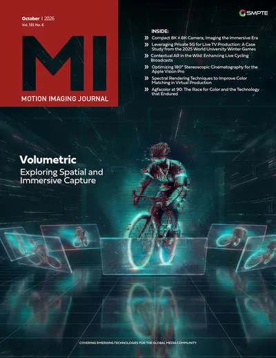 Cover of the SMPTE Motion Imaging Journal, October 2026, Vol. 135 No. 6, listing &ldquo;Optimizing 180° Stereoscopic Cinematography for the Apple Vision Pro&rdquo;